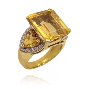 Anel Ouro 18K, Citrinos E Diamantes