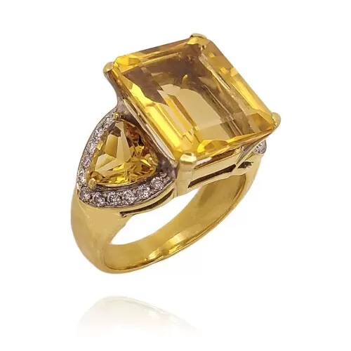 Anel Ouro 18K, Citrinos E Diamantes