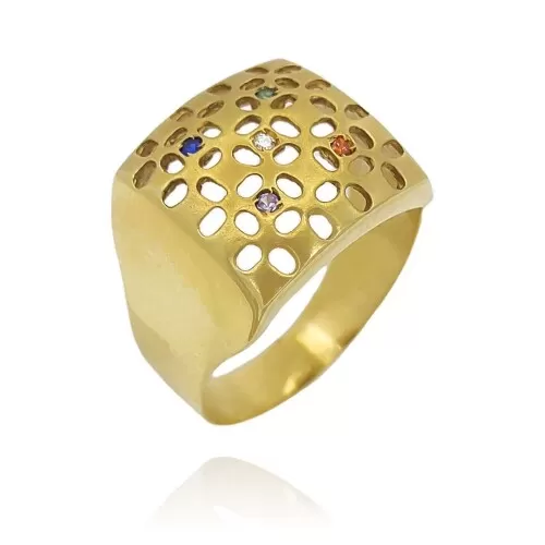 Anel Ouro 18K E Pedras Brasileiras