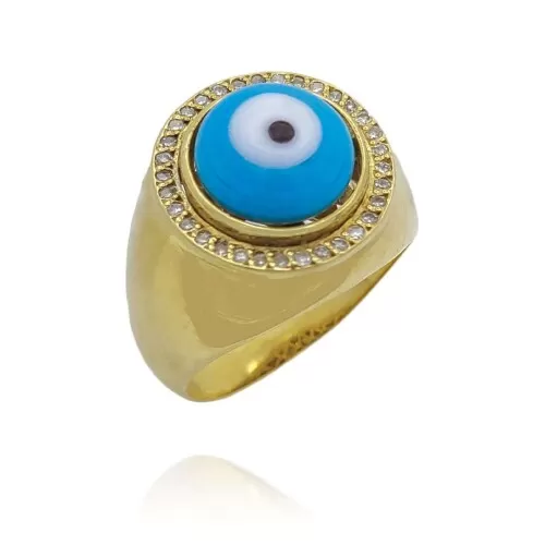 Anel Ouro 18K, Olho Grego E Diamantes