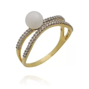 Anel Ouro 18K, Pérola E Diamantes