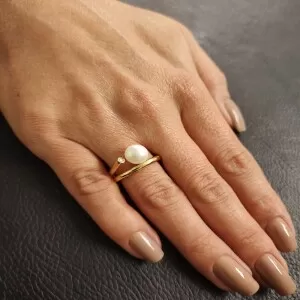 Anel Ouro 18K, Pérola E Diamantes