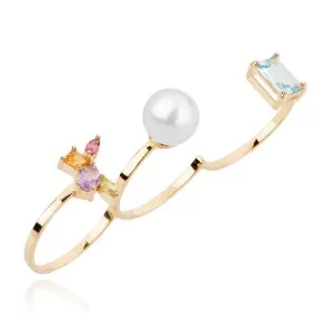 Anel Ouro 18K, Pérola E Pedras Brasileiras