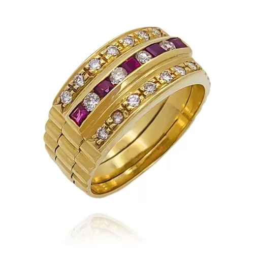Anel Ouro 18K, Rubis E Diamantes