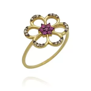 Anel Ouro 18K, Rubis E Diamantes Chocolate