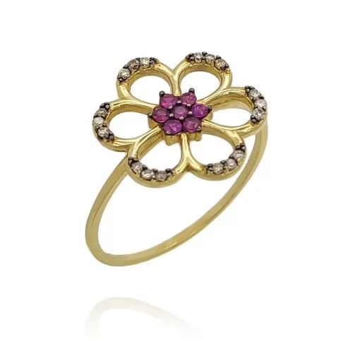 Anel Ouro 18K, Rubis E Diamantes Chocolate