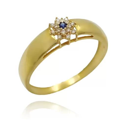 Anel Ouro 18K, Safira E Diamantes