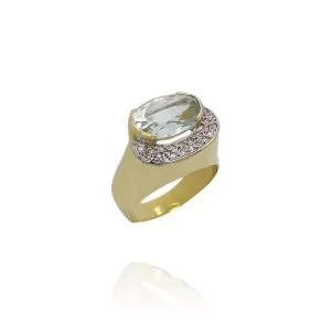 Anel Ouro 18K, Topázio E Diamantes