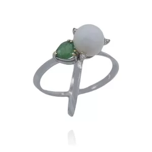Anel Ouro Branco, Esmeralda, Pérola e Diamantes