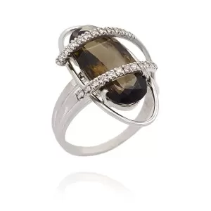 Anel Ouro Branco, Quartzo Fumê E Diamantes