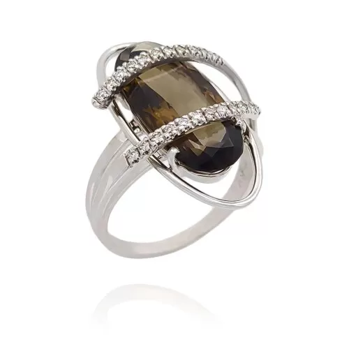 Anel Ouro Branco, Quartzo Fumê E Diamantes