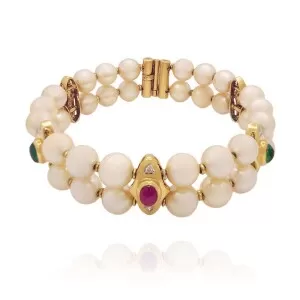 Bracelete Ouro 18K, Pérolas, Rubis, Esmeraldas E Diamantes