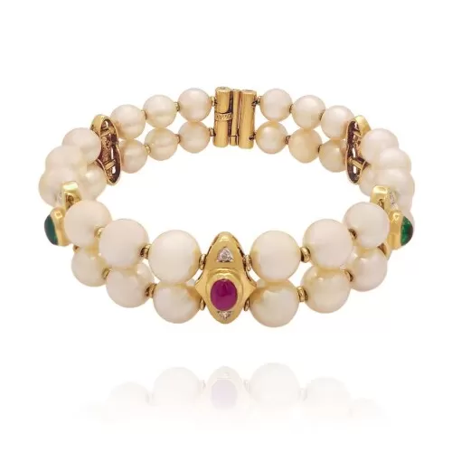 Bracelete Ouro 18K, Pérolas, Rubis, Esmeraldas E Diamantes