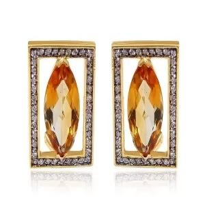 Brincos Ouro 18K, Citrinos E Diamantes