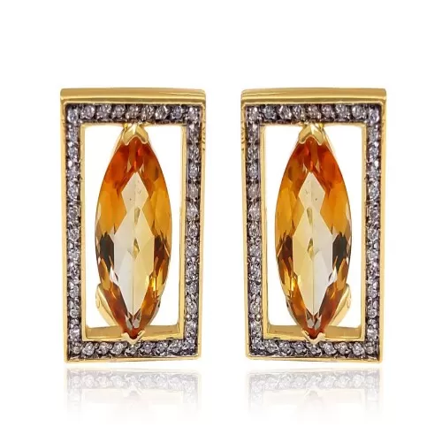 Brincos Ouro 18K, Citrinos E Diamantes