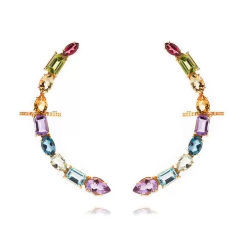 Brincos Ear Cuff Ouro 18K E Pedras Brasileiras