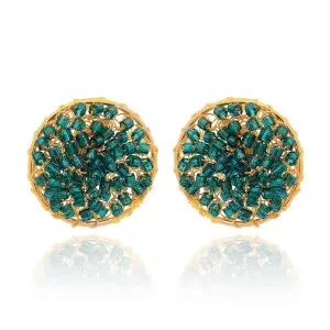 Brincos Fio Metálico Banho Ouro 18K E Cristais Esmeralda
