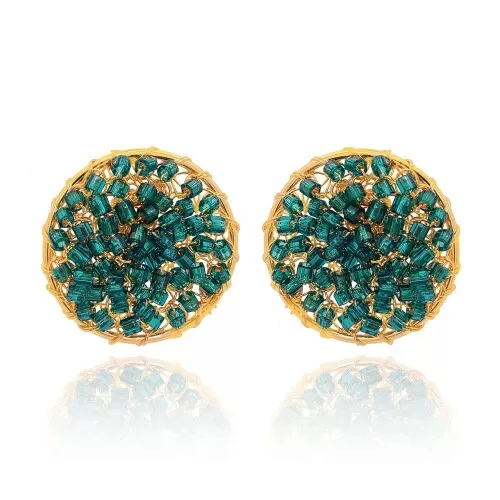 Brincos Fio Metálico Banho Ouro 18K E Cristais Esmeralda