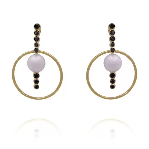 Brincos Ouro 18K, Pérolas E Diamantes Negros