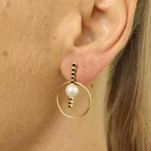 Brincos Ouro 18K, Pérolas E Diamantes Negros