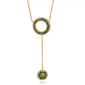 Colar Fio Metálico banho Ouro 18K E Cristais Esmeralda