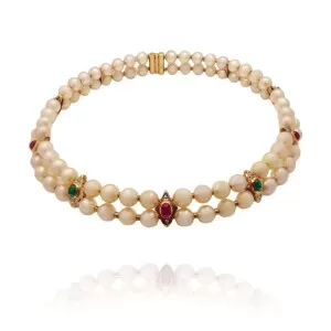 Colar Ouro 18K, Pérolas, Rubis, Esmeraldas E Diamantes