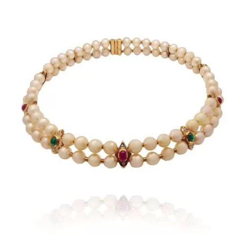 Colar Ouro 18K, Pérolas, Rubis, Esmeraldas E Diamantes