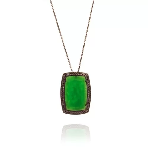 Colar Ouro 18K (Ródio Negro), Jade E Diamantes